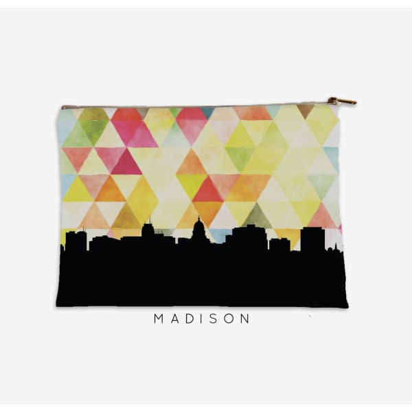 Madison Wisconsin skyline with geometric triangle background - Pouch | Small / Yellow - City Map Skyline