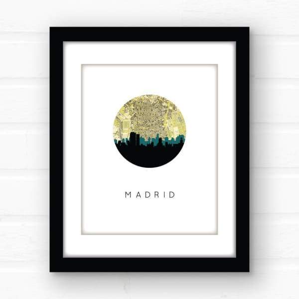 Madrid city skyline with vintage Madrid map - 5x7 Unframed Print - City Map Skyline