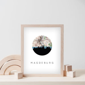 Magdeburg Germany skyline with vintage Magdeburg map - 5x7 Unframed Print - City Map Skyline