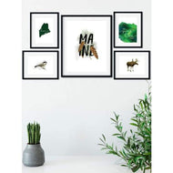 Maine state symbols gallery wall - Pine Cone, Chickadee, Moose