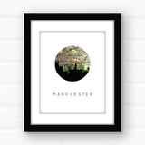 Manchester England city skyline with vintage Manchester map - 5x7 Unframed Print - City Map Skyline