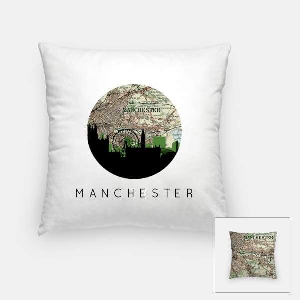 Manchester England city skyline with vintage Manchester map - Pillow | Square - City Map Skyline