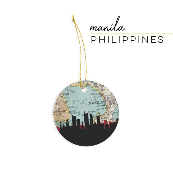 Manila Philippines city skyline with vintage Manila map - Ornament - City Map Skyline