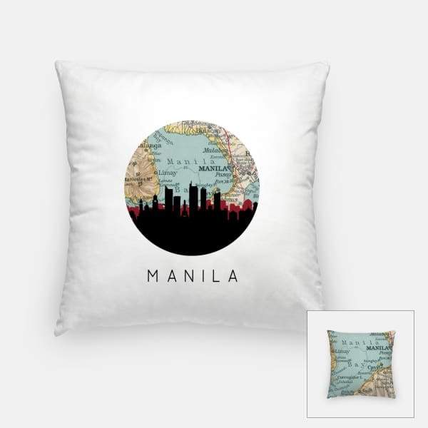 Manila Philippines city skyline with vintage Manila map - Pillow | Square - City Map Skyline