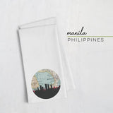 Manila Philippines city skyline with vintage Manila map - Tea Towel - City Map Skyline
