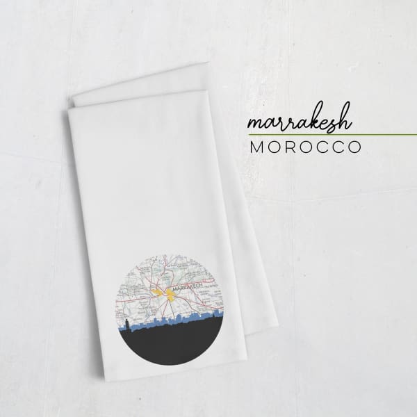 Marrakesh Morocco city skyline with vintage Marrakesh map - Tea Towel - City Map Skyline
