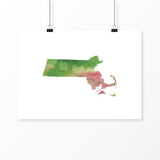 Massachusetts state watercolor - 5x7 Unframed Print / Pink + Green - State Watercolor