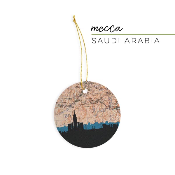 Mecca Saudi Arabia city skyline with vintage Mecca map - Ornament - City Map Skyline