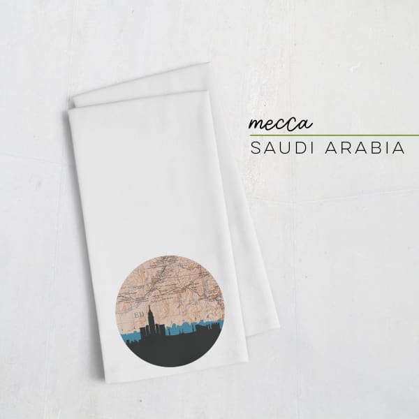 Mecca Saudi Arabia city skyline with vintage Mecca map - Tea Towel - City Map Skyline