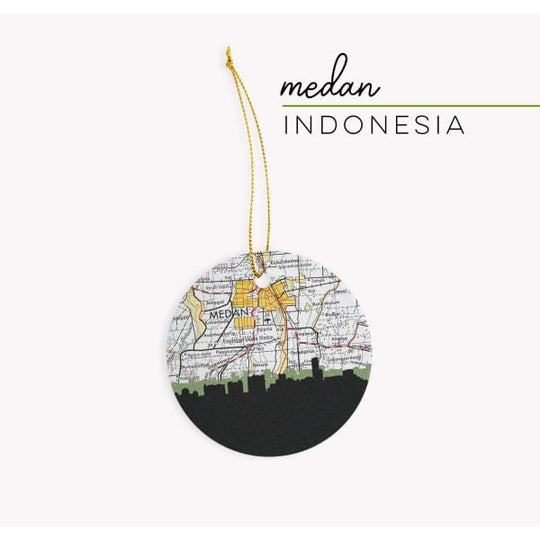 Medan Indonesia city skyline with vintage Medan map - Ornament - City Map Skyline