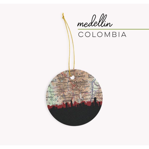 Medellin Colombia city skyline with vintage Medellin map - Ornament - City Map Skyline