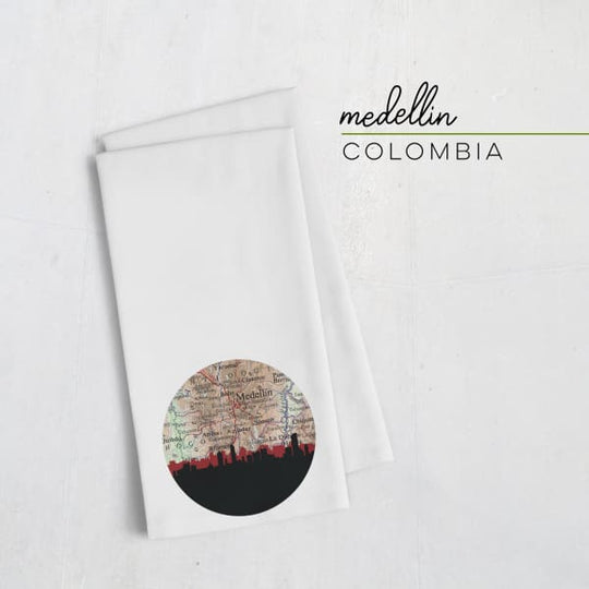 Medellin Colombia city skyline with vintage Medellin map - Tea Towel - City Map Skyline