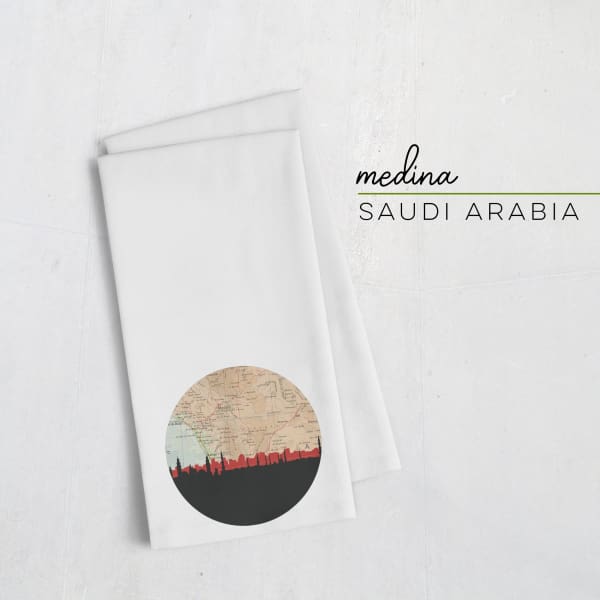 Medina Saudi Arabia city skyline with vintage Medina map - Tea Towel - City Map Skyline