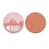 Milwaukee Wisconsin skyline and city map design | in multiple colors - Coaster Set | Set of 2 / Pink - City Map Skyline