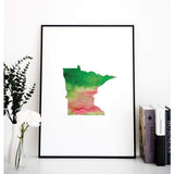 Minnesota state watercolor - 5x7 Unframed Print / Pink + Green - State Watercolor