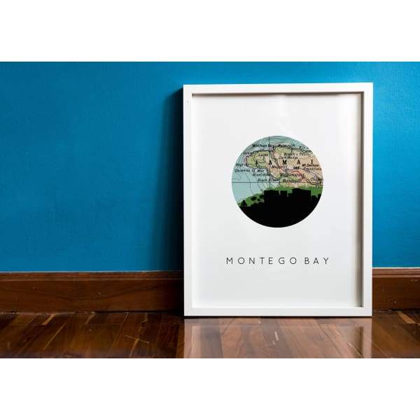 Montego Bay city skyline with vintage Montego Bay map - 5x7 Unframed Print - City Map Skyline