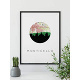 Monticello Florida city skyline with vintage Monticello map - 5x7 Unframed Print - City Map Skyline