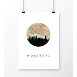 Montreal Quebec city skyline with vintage Montreal map - 5x7 Unframed Print - City Map Skyline