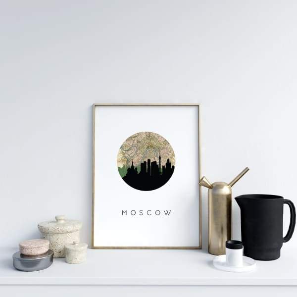 Moscow city skyline with vintage Moscow map - 5x7 Unframed Print - City Map Skyline