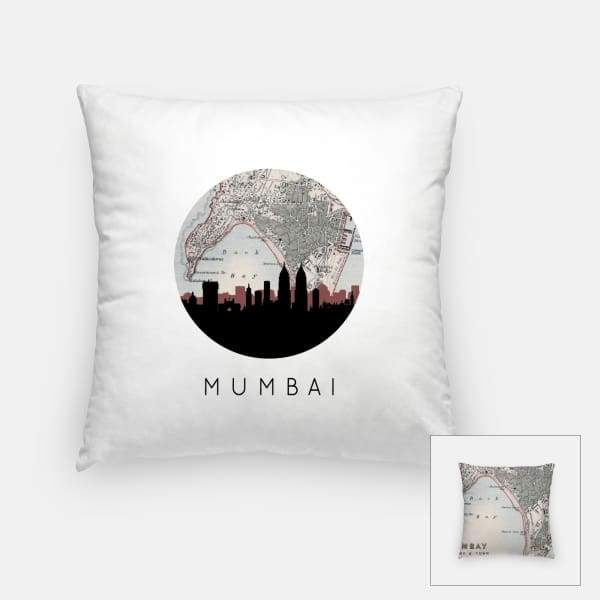 Mumbai India city skyline with vintage Mumbai map - Pillow | Square - City Map Skyline