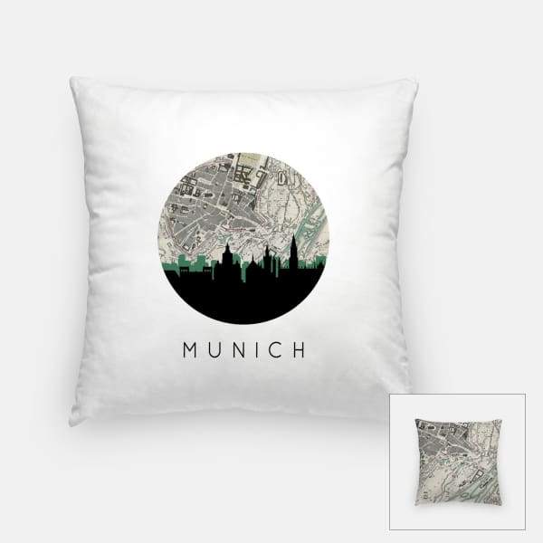 Munich city skyline with vintage Munich map - Pillow | Square - City Map Skyline
