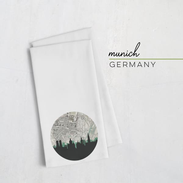 Munich city skyline with vintage Munich map - Tea Towel - City Map Skyline