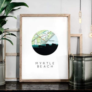 Myrtle Beach South Carolina city skyline with vintage Myrtle Beach map - City Map Skyline
