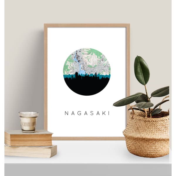 Nagasaki Japan skyline with vintage Nagasaki map - City Map Skyline