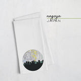 Nagoya city skyline with vintage Nagoya map - Tea Towel - City Map Skyline