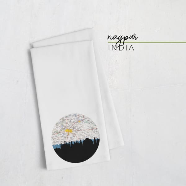 Nagpur India city skyline with vintage Nagpur map - Tea Towel - City Map Skyline