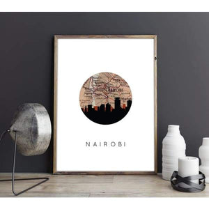Nairobi Kenya city skyline with vintage Nairobi map - 5x7 Unframed Print - City Map Skyline