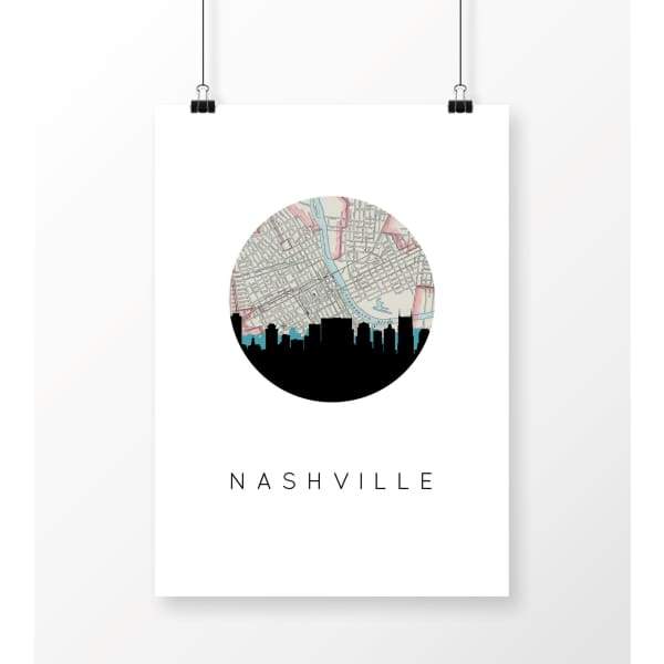Nashville Tennessee city skyline with vintage Nashville map - 5x7 Unframed Print - City Map Skyline