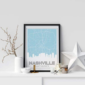 Nashville Tennessee skyline and map - 5x7 Unframed Print / LightBlue - Road Map and Skyline