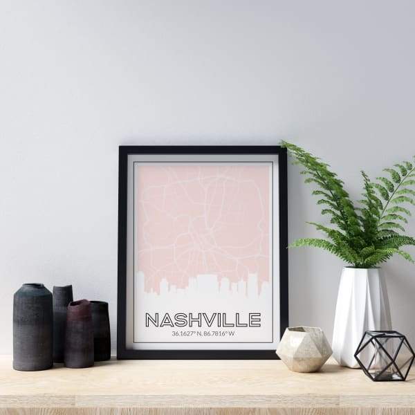 Nashville Tennessee skyline and map - 5x7 Unframed Print / MistyRose - Road Map and Skyline