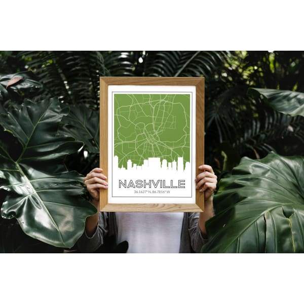 Nashville Tennessee skyline and map - 5x7 Unframed Print / OliveDrab - Road Map and Skyline