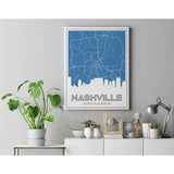 Nashville Tennessee skyline and map - 5x7 Unframed Print / SteelBlue - Road Map and Skyline