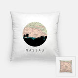 Nassau Bahamas city skyline with vintage Nassau map - Pillow | Square - City Map Skyline