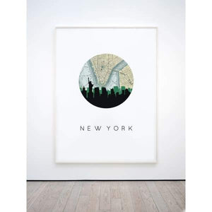 New York New York city skyline with vintage New York map - City Map Skyline