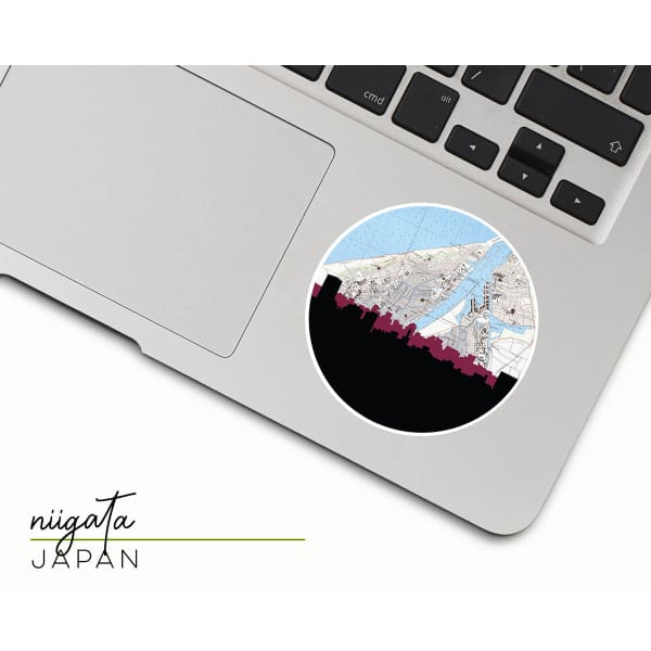 Niigata Japan city skyline with vintage Niigata map - Sticker - City Map Skyline