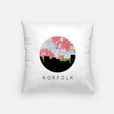 Norfolk Virginia city skyline with vintage Norfolk map - Pillow | Square - City Map Skyline