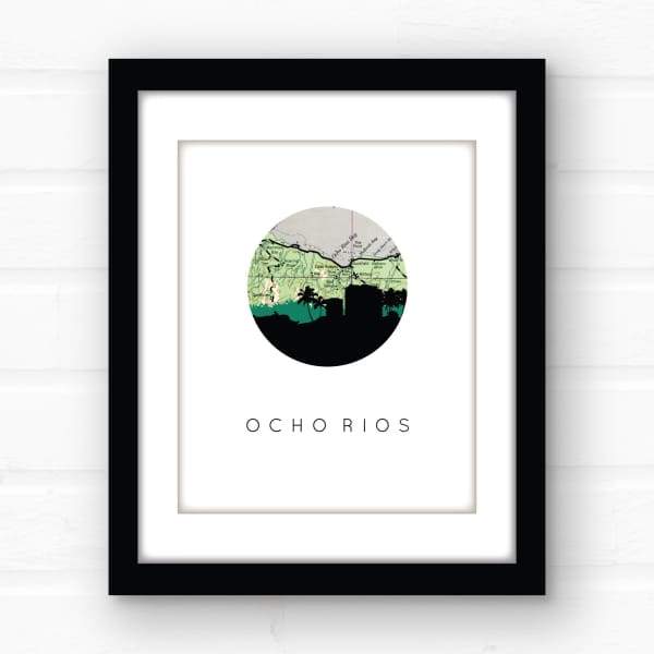 Ochio Rios Map Ocho Rios city skyline with vintage Ocho Rios map | wanderlust gifts ...