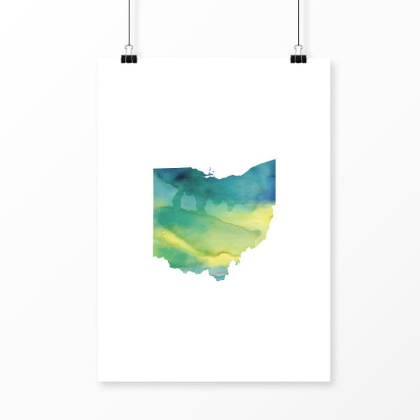 Ohio state watercolor - 5x7 Unframed Print / Yellow + Teal - State Watercolor