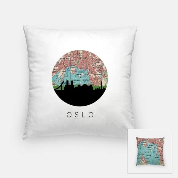 Oslo Norway city skyline with vintage Oslo map - Pillow | Square - City Map Skyline