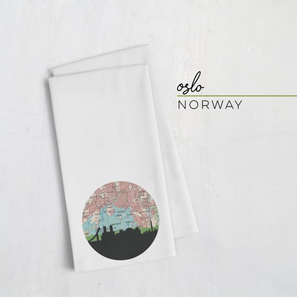 Oslo Norway city skyline with vintage Oslo map - Tea Towel - City Map Skyline