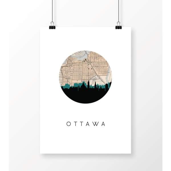 Ottawa Ontario city skyline with vintage Ottawa map - 5x7 Unframed Print - City Map Skyline