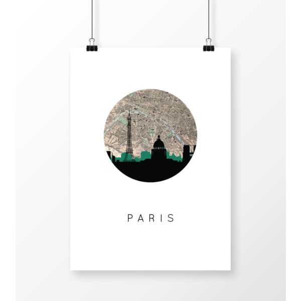 Paris city skyline with vintage Paris map - 5x7 Unframed Print - City Map Skyline