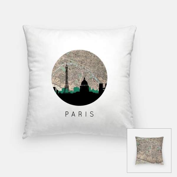 Paris city skyline with vintage Paris map - Pillow | Square - City Map Skyline