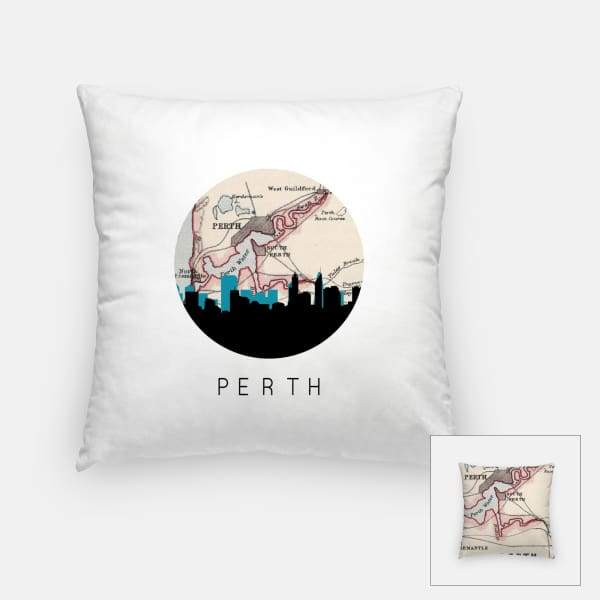 Perth Australia city skyline with vintage Perth map - Pillow | Square - City Map Skyline