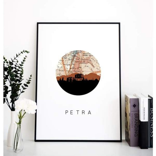 Petra Jordan city skyline with vintage Petra map - City Map Skyline