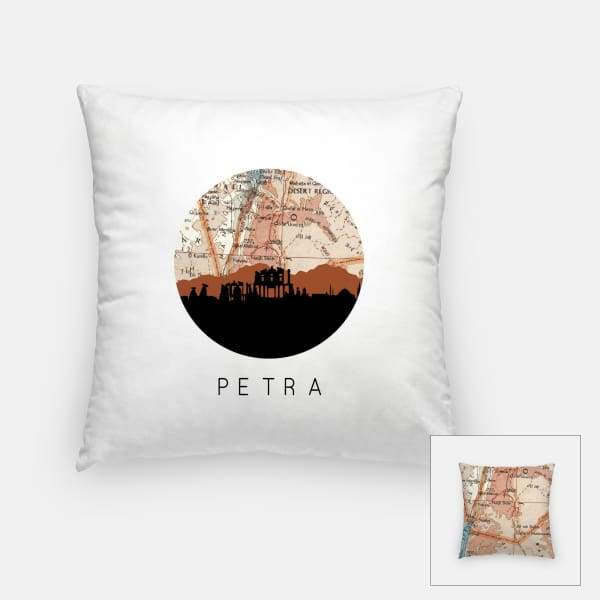 Petra Jordan city skyline with vintage Petra map - Pillow | Square - City Map Skyline